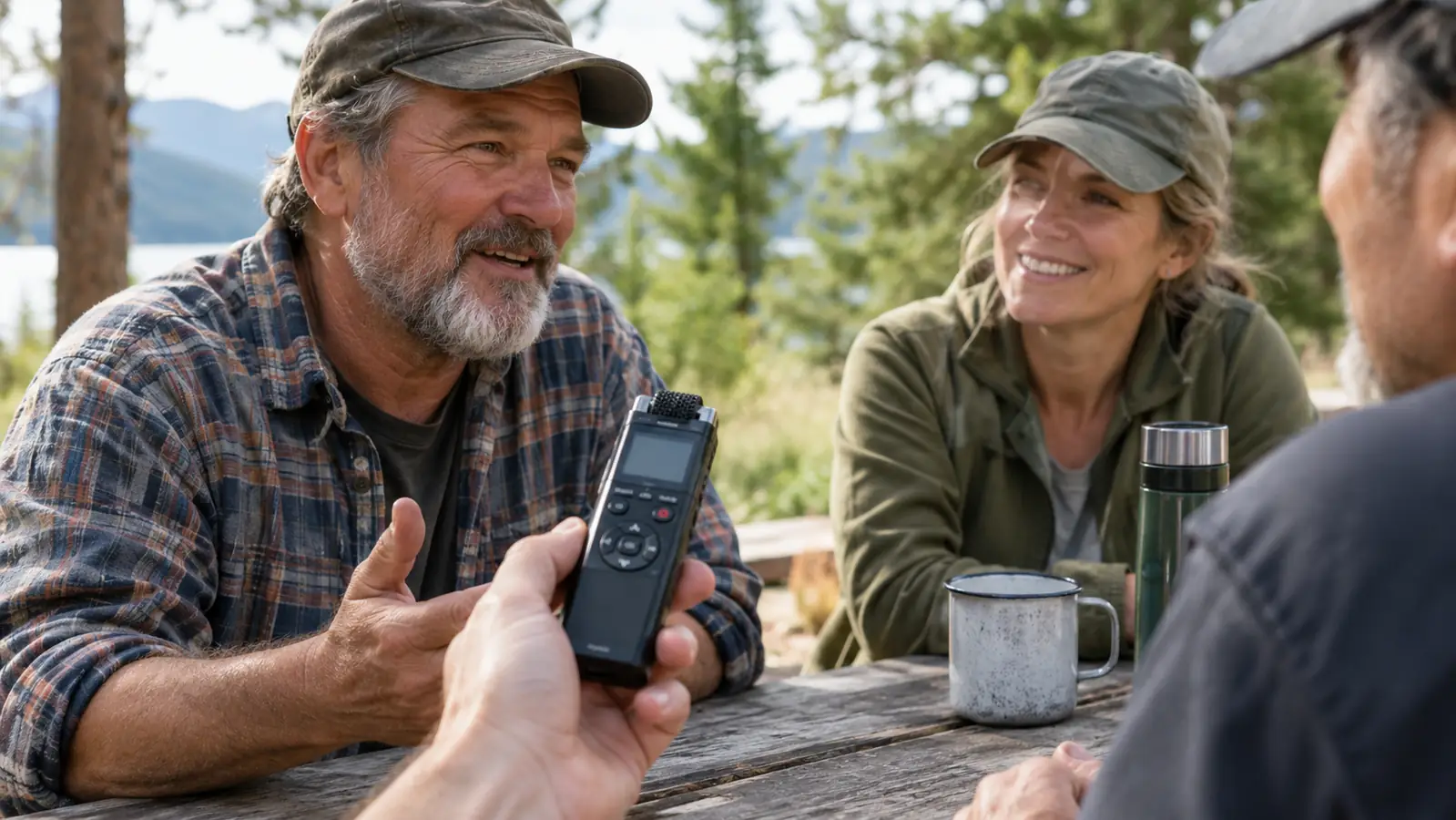 A hand holding a small portable audio recorder toward a group of people talking around a picnic table