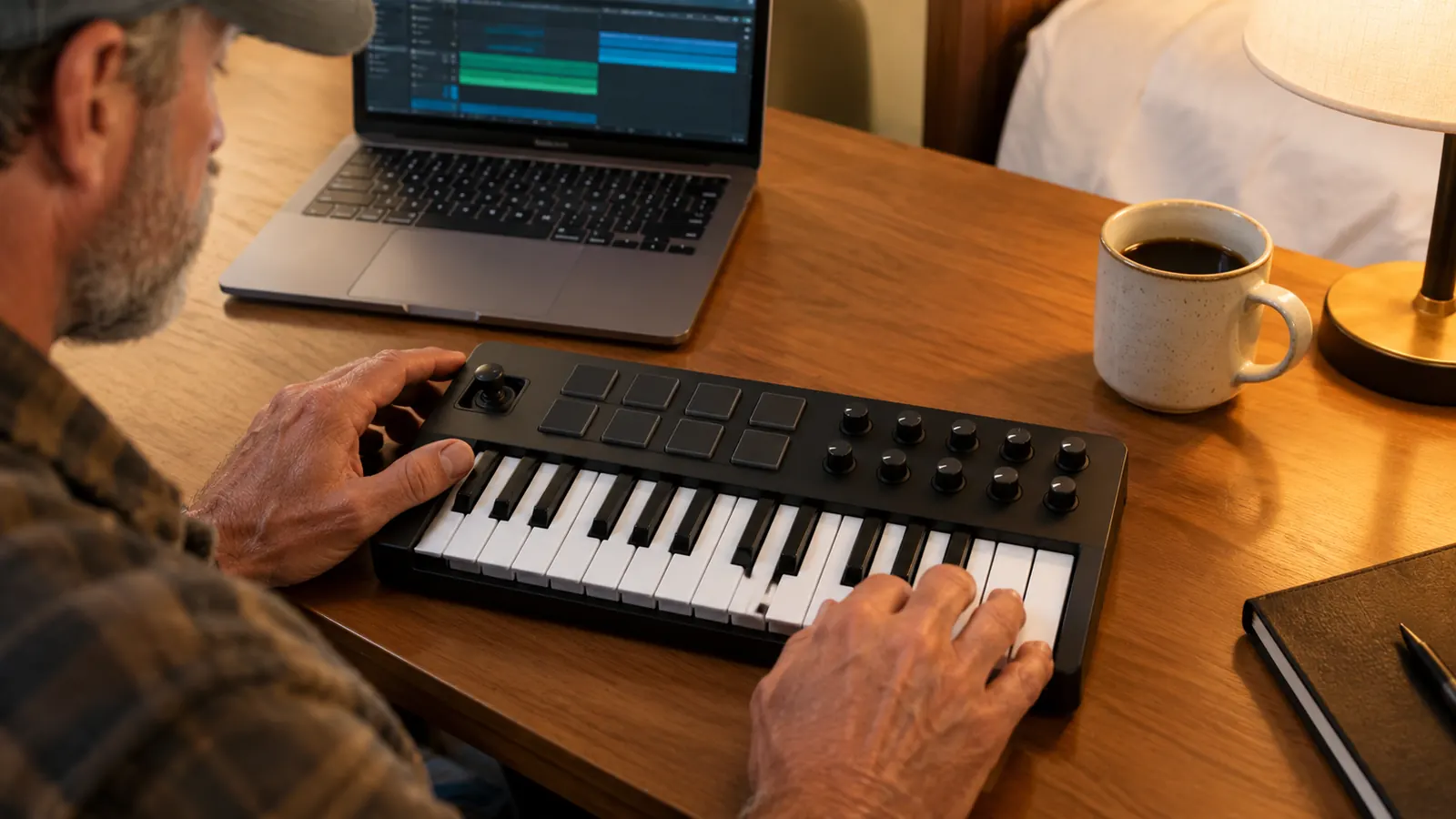 A compact 25-key MIDI keyboard on a hotel desk beside a laptop and a coffee mug