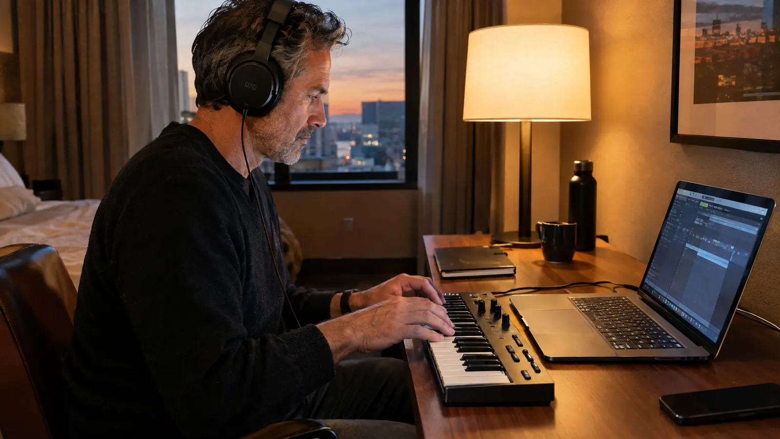 A man in his fifties playing a compact MIDI keyboard at a hotel room desk in the evening