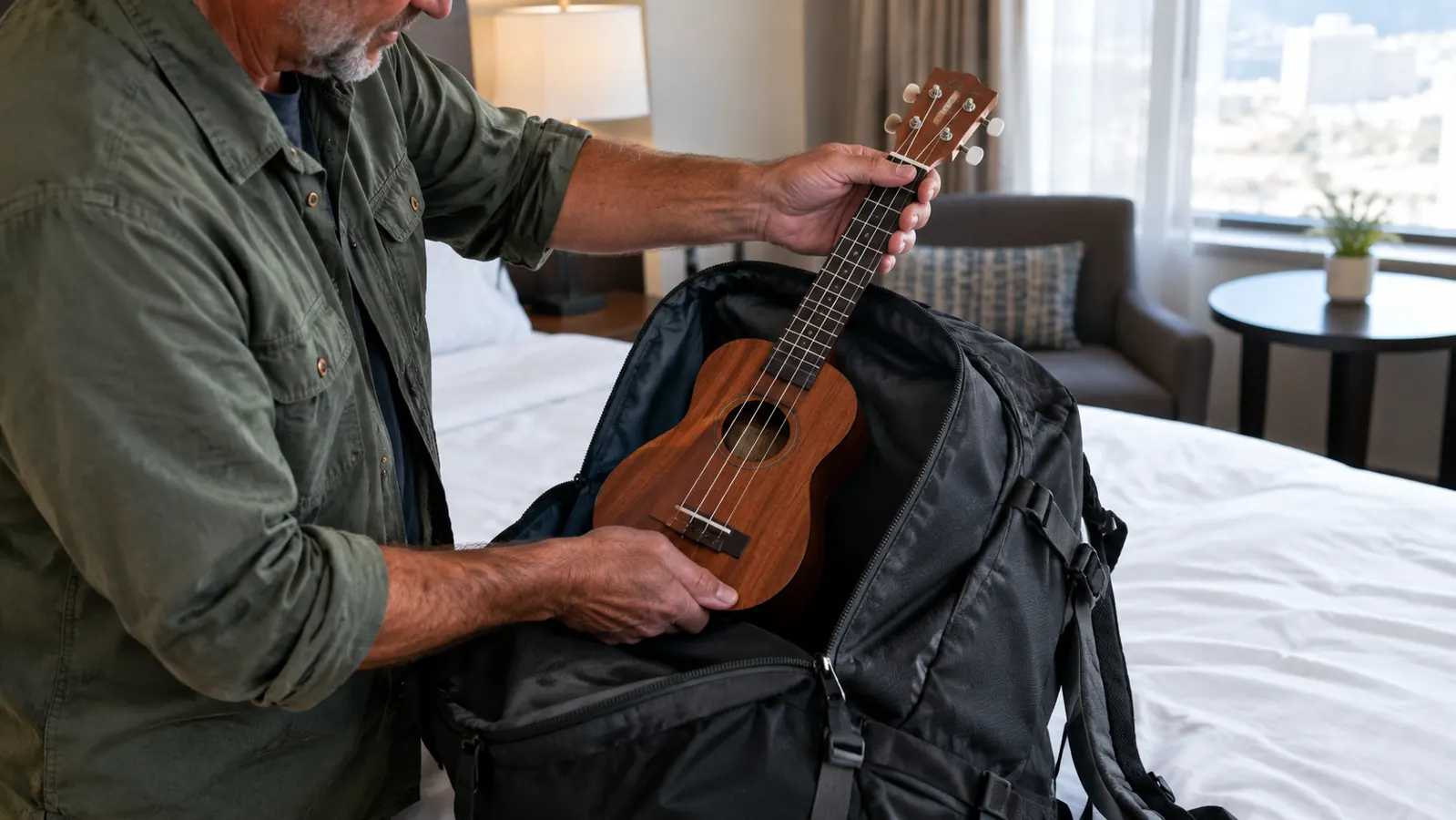 A hand placing a small ukulele into the main compartment of a carry-on backpack