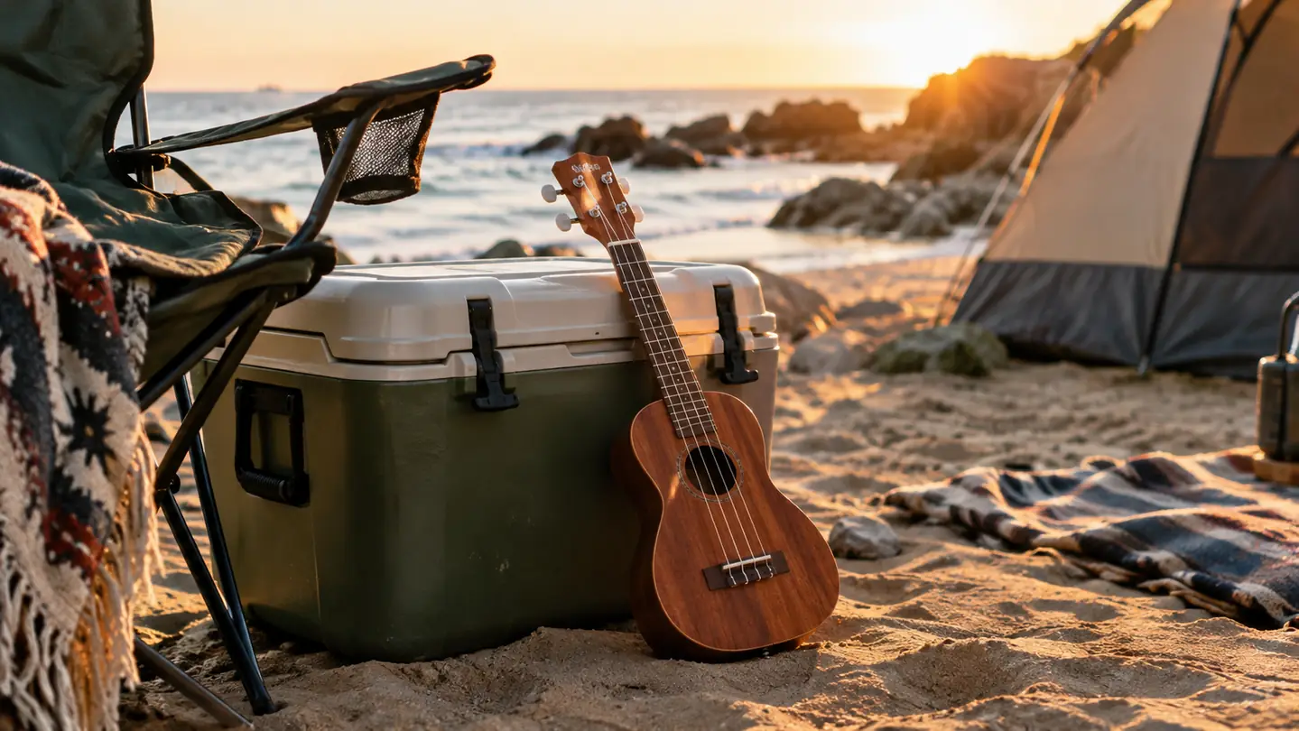 A small ukulele leaning against a cooler on a beach campsite, with a camp chair nearby