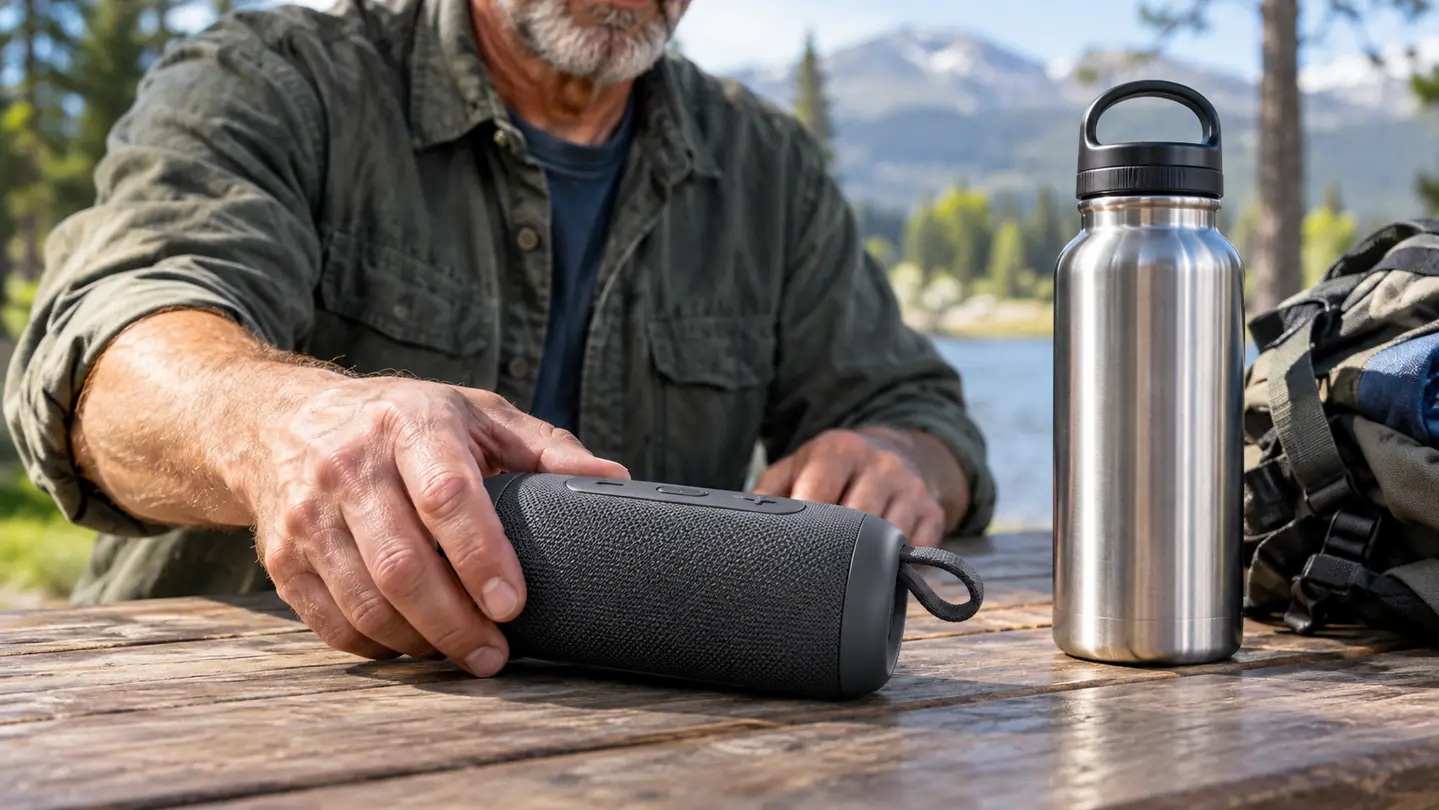 A hand placing a portable speaker on a picnic table next to a stainless steel water bottle