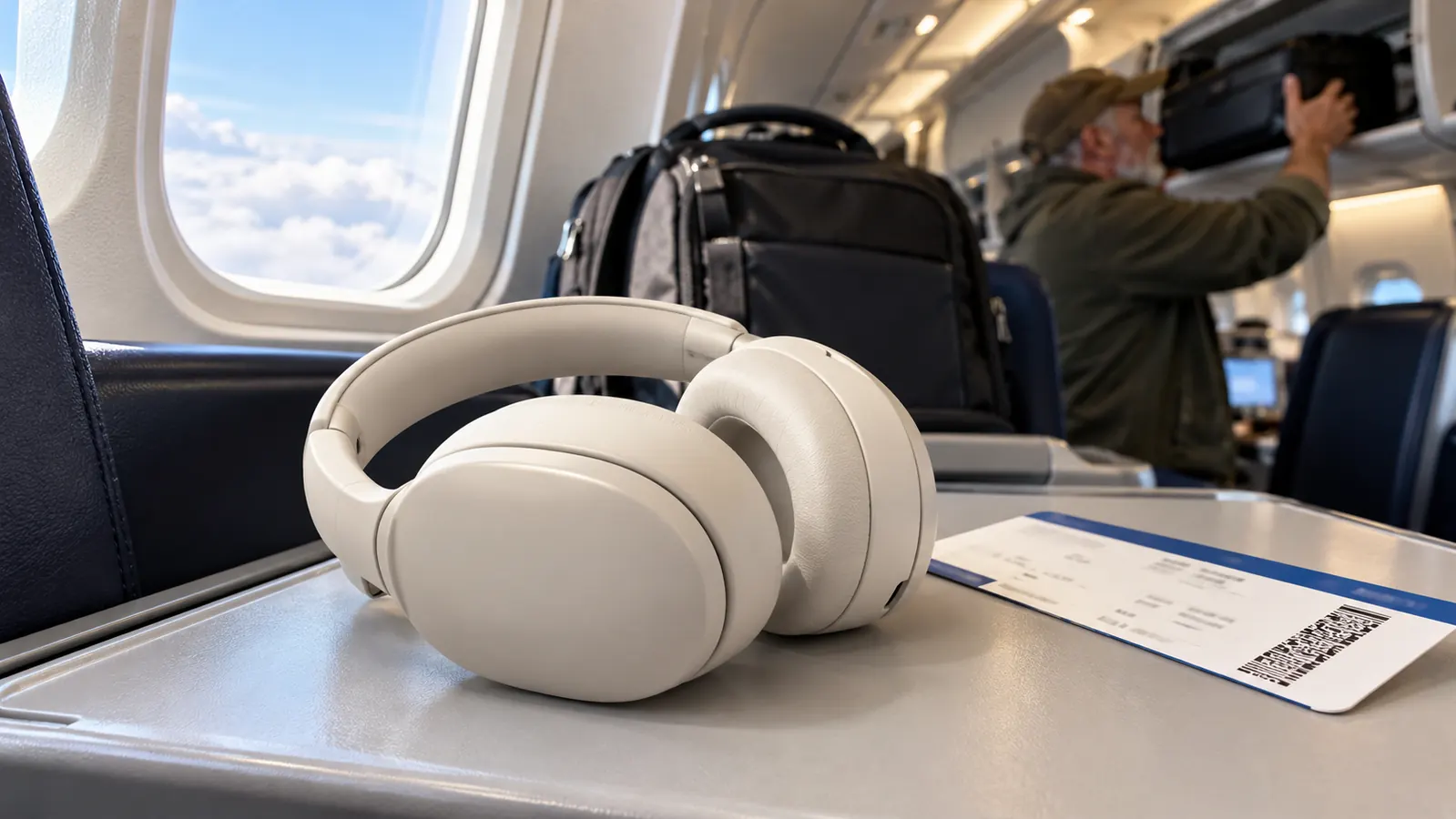 A pair of over-ear headphones resting on a tray table next to a boarding pass and a small carry-on bag