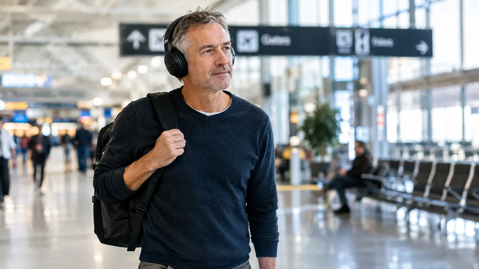 A man in his fifties wearing over-ear headphones while walking through an airport terminal with a carry-on backpack