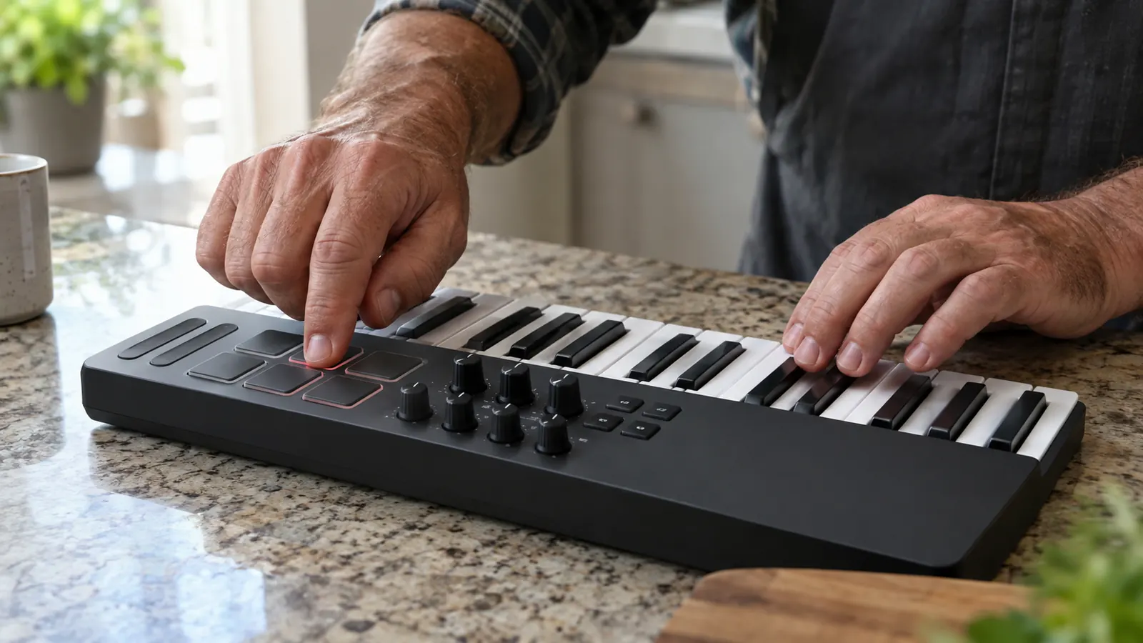 A hand pressing a drum pad on a compact 25-key MIDI keyboard on a kitchen counter