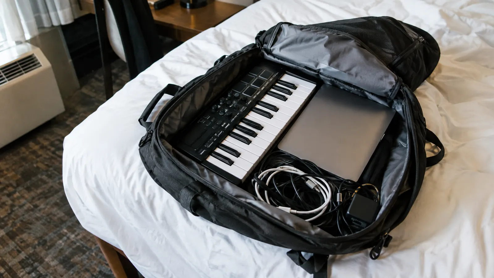 A compact 25-key MIDI keyboard lying open inside a carry-on backpack with a laptop and cables