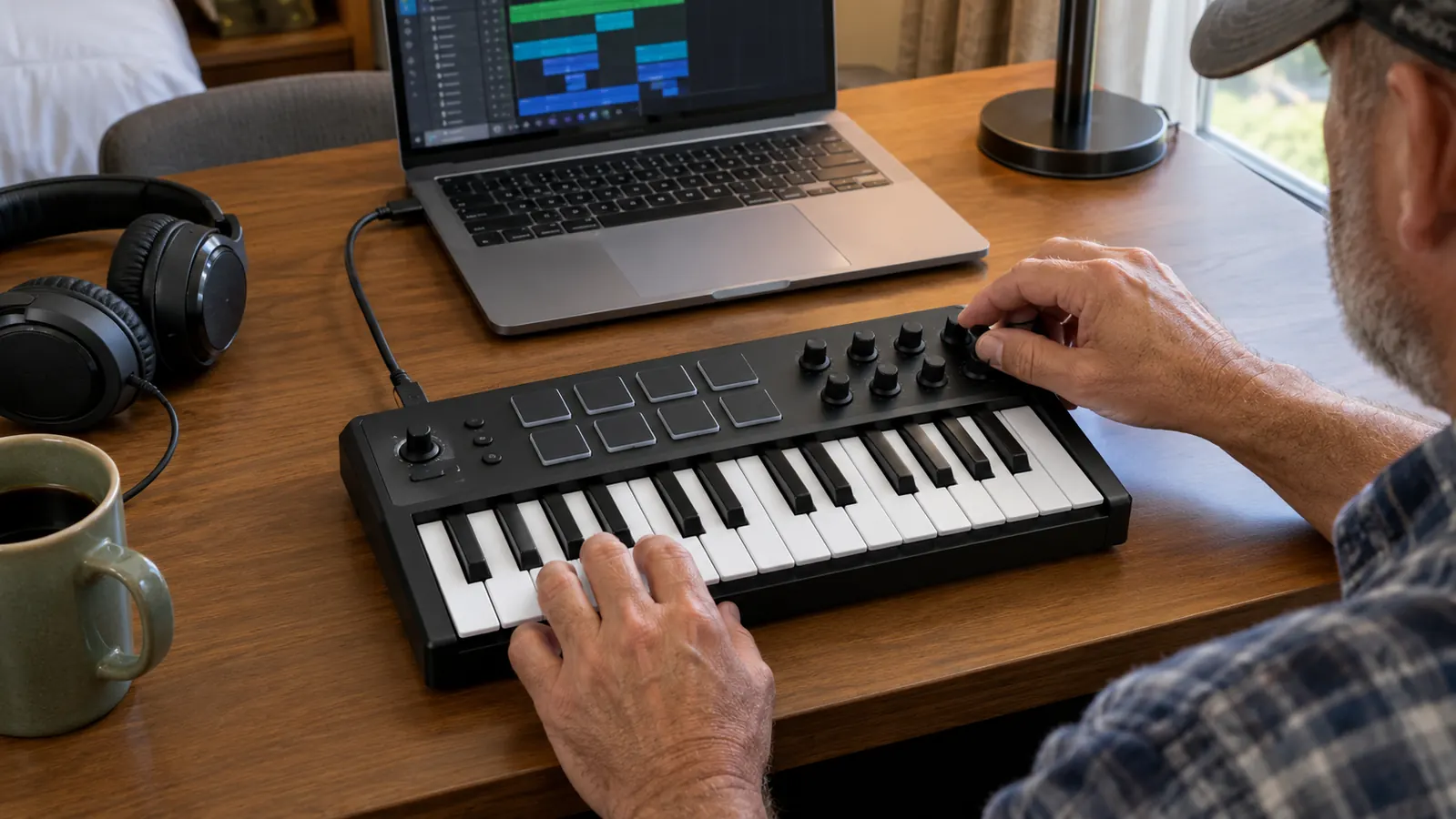 A compact 25-key MIDI keyboard controller plugged into a laptop on a hotel desk, headphones resting beside it