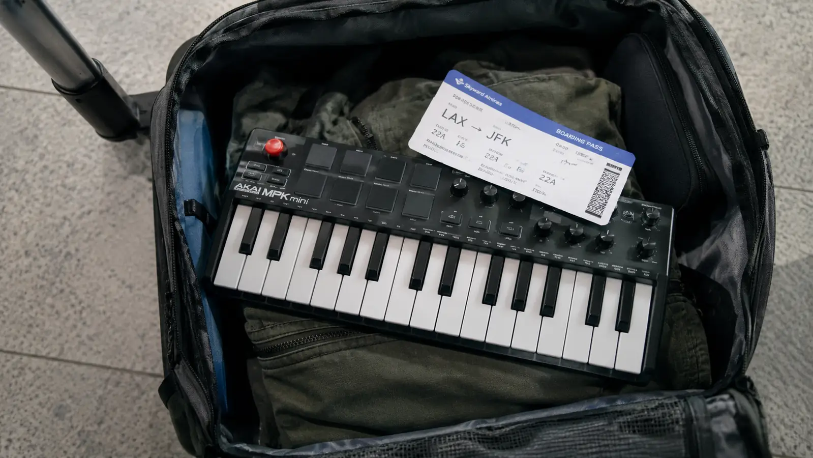 A small keyboard controller lying on a folded jacket inside an open carry-on backpack, a boarding pass on top