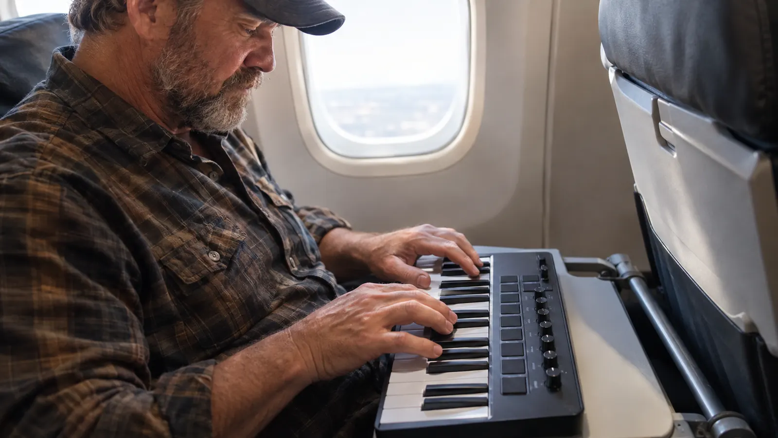 A man in his fifties playing a compact keyboard controller on an airplane tray table