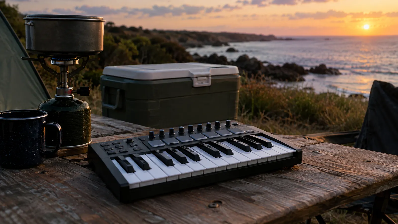 A compact keyboard controller on a picnic table beside a camp stove and a cooler at dusk