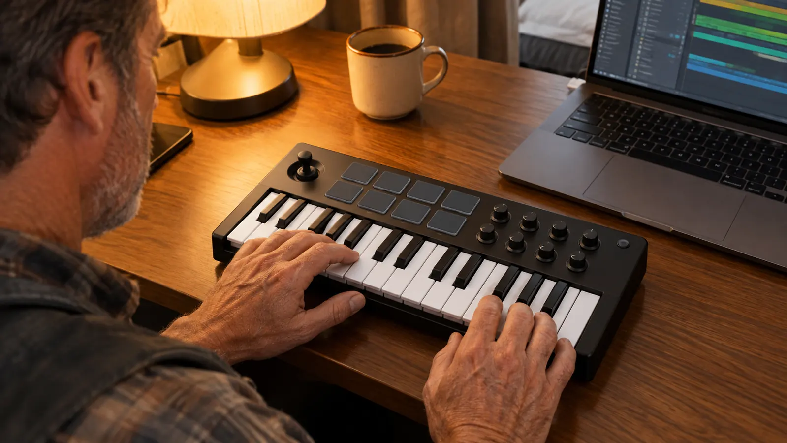 A compact 25-key MIDI keyboard with drum pads resting on a hotel desk next to a laptop