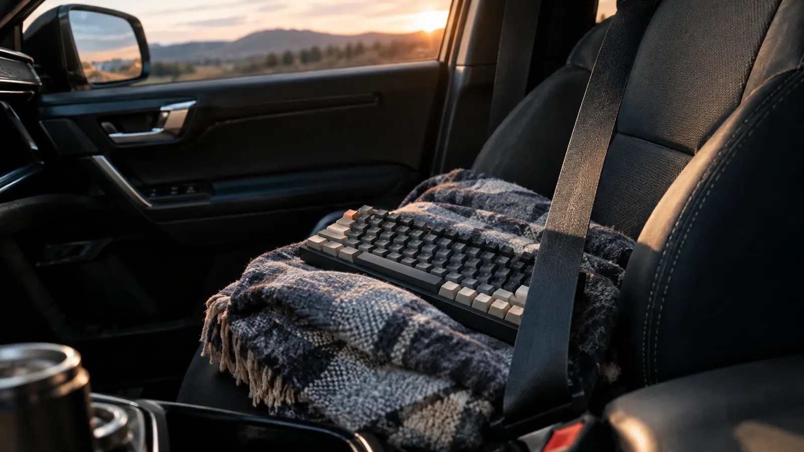 A compact 25-key MIDI keyboard on a folded blanket in the back seat of an SUV