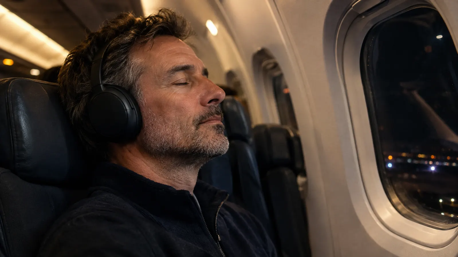 A traveler resting with noise cancelling headphones on during a night flight