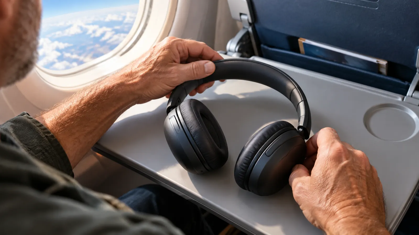 A hand placing over-ear headphones on a seat-back tray table in an airplane cabin