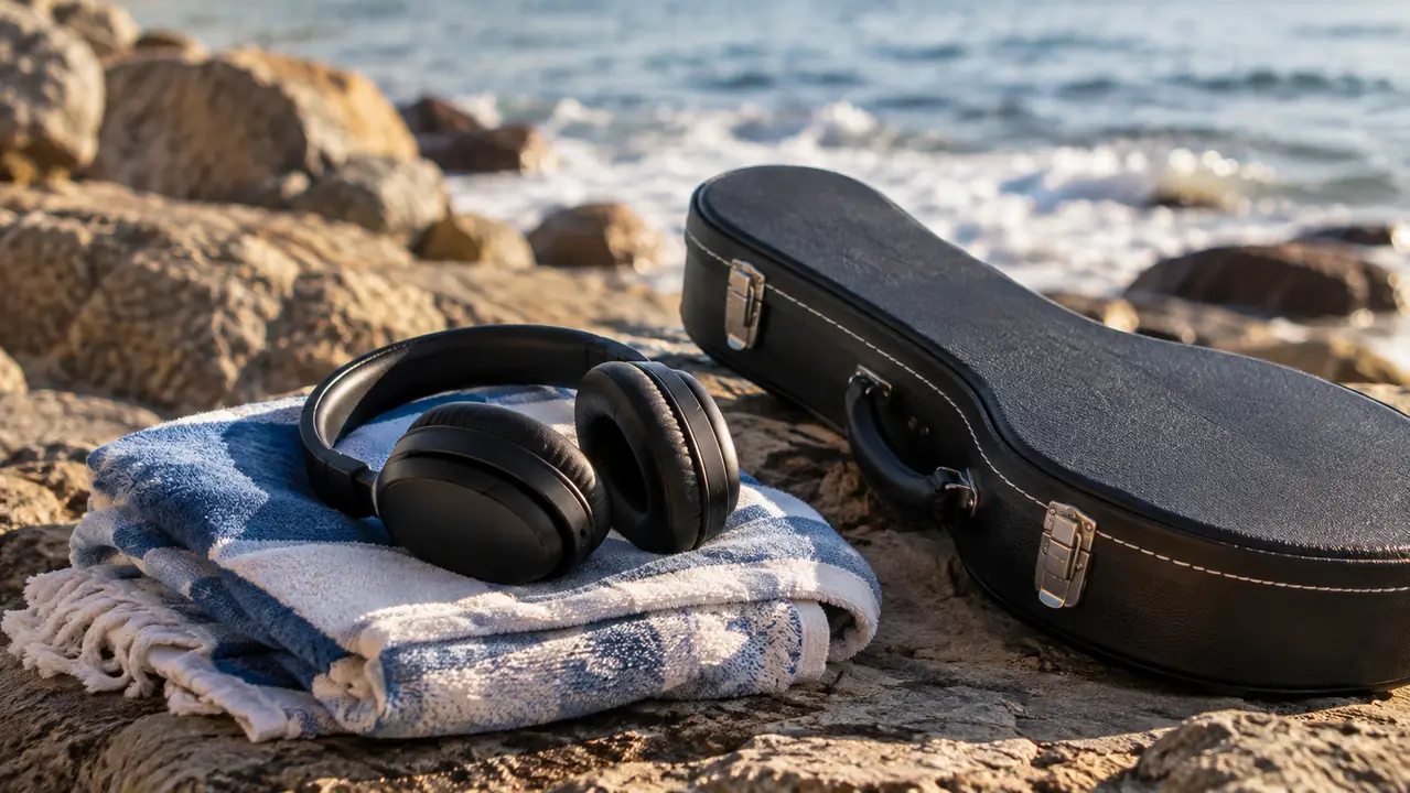 A pair of over-ear headphones lying on a beach towel next to a ukulele case in soft afternoon light