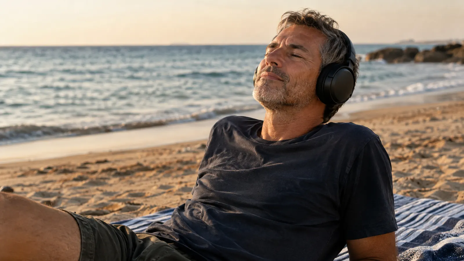 A man in his fifties wearing over-ear headphones while sitting on a beach towel near the water, eyes closed, relaxed