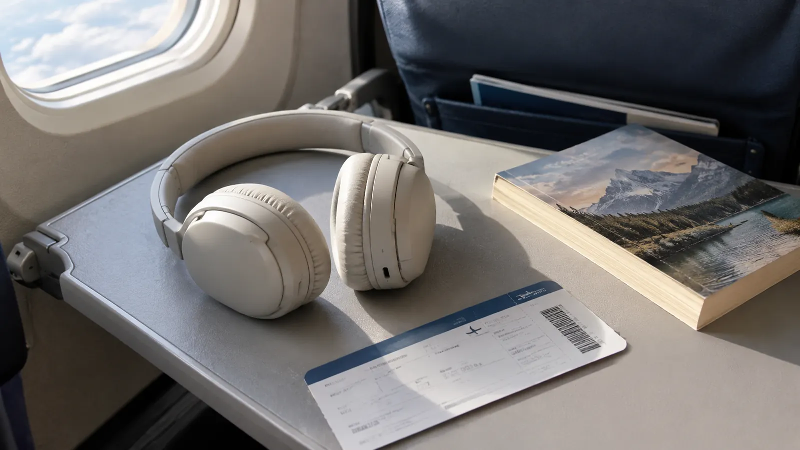 A pair of over-ear headphones resting on a tray table next to a boarding pass and a paperback book