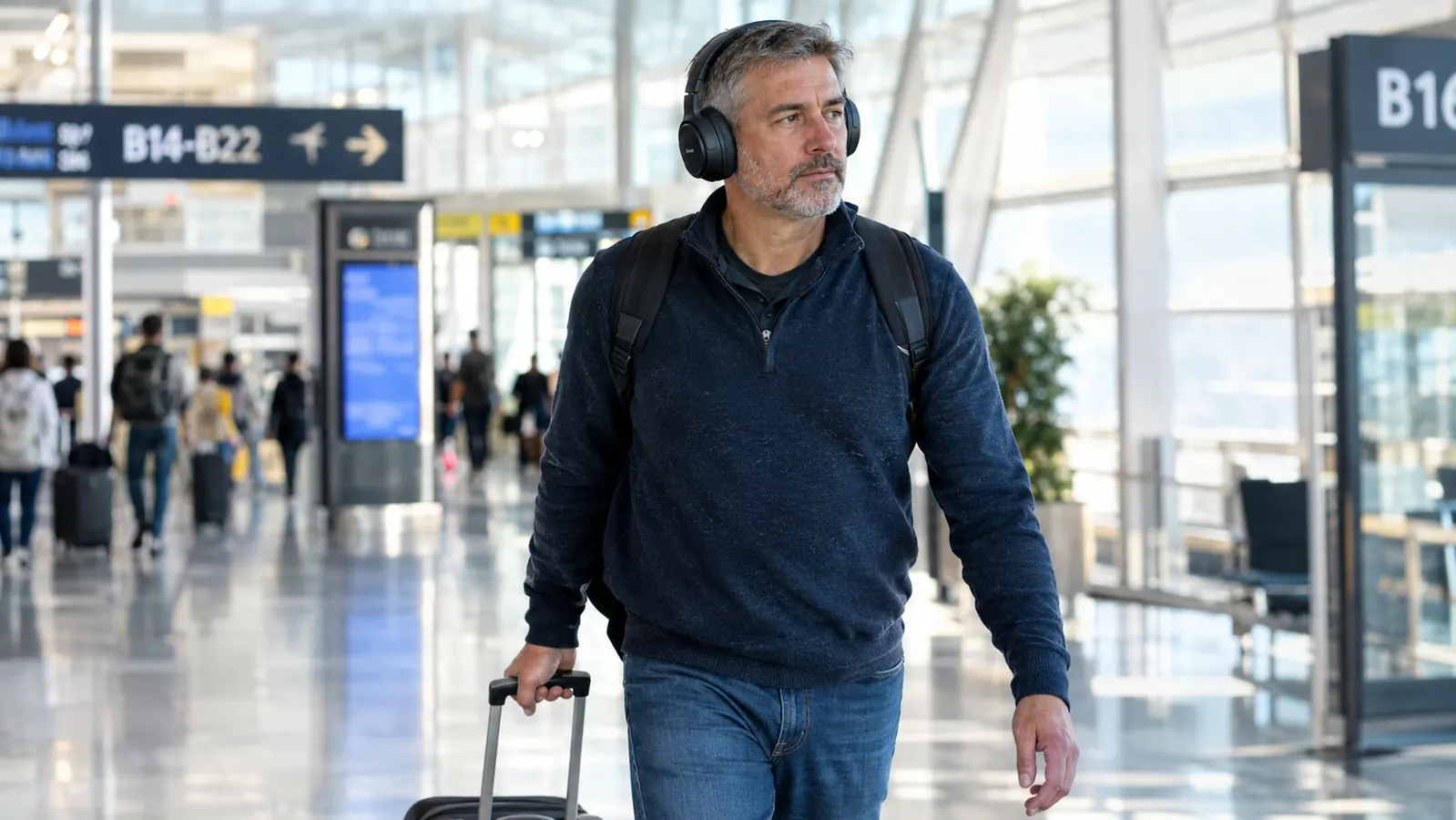 A man in his fifties wearing over-ear headphones while walking through an airport terminal with a backpack
