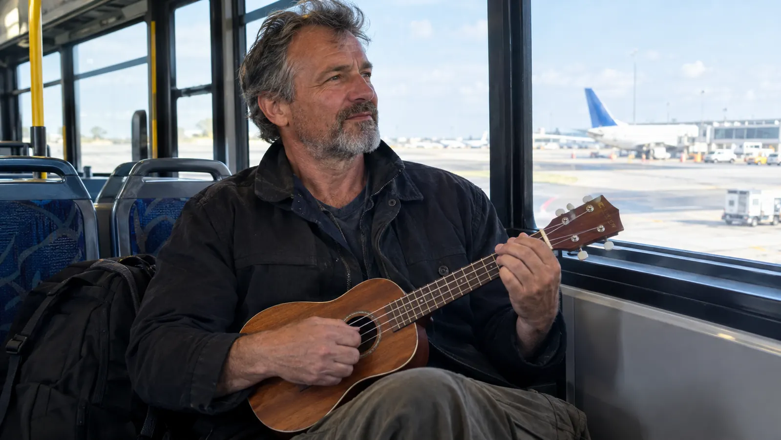 A man in his fifties holding a concert ukulele on an airport shuttle, the instrument across his lap