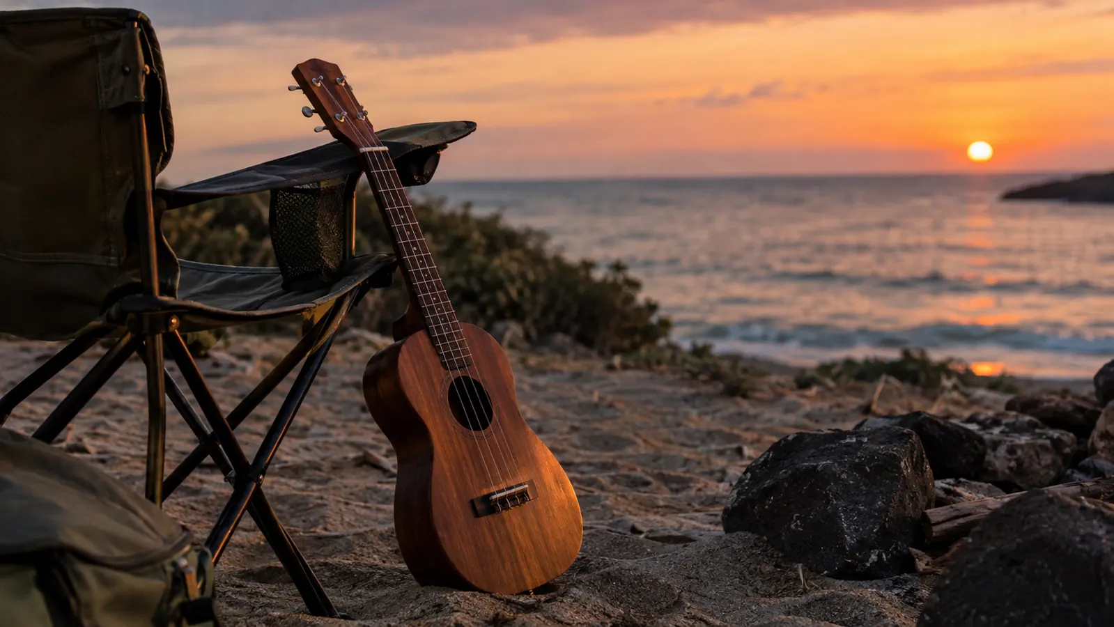 A concert ukulele leaning against a camp chair on a beach campsite at dusk