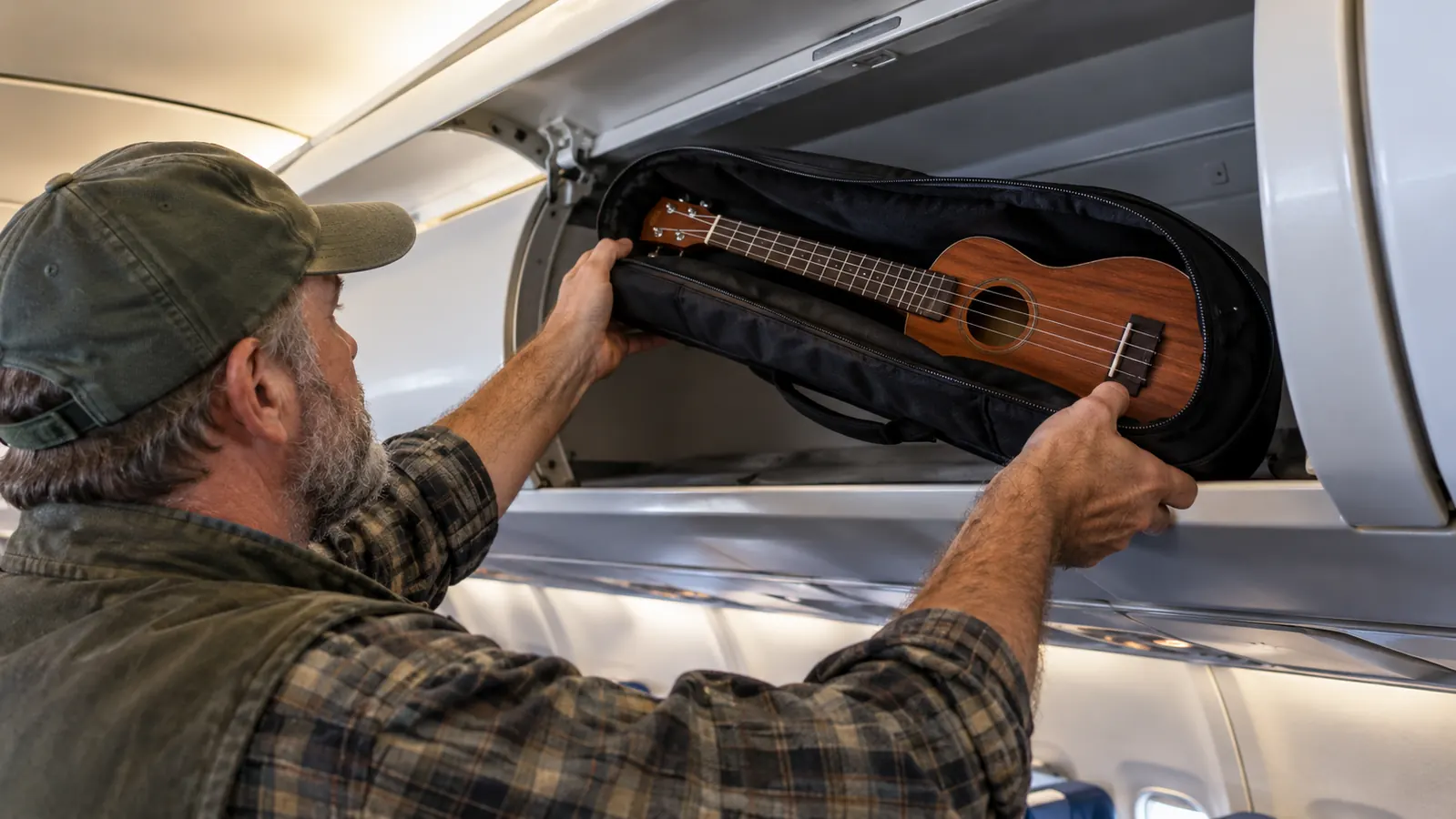 A hand placing a small ukulele in a padded gig bag into an overhead bin above airplane seats