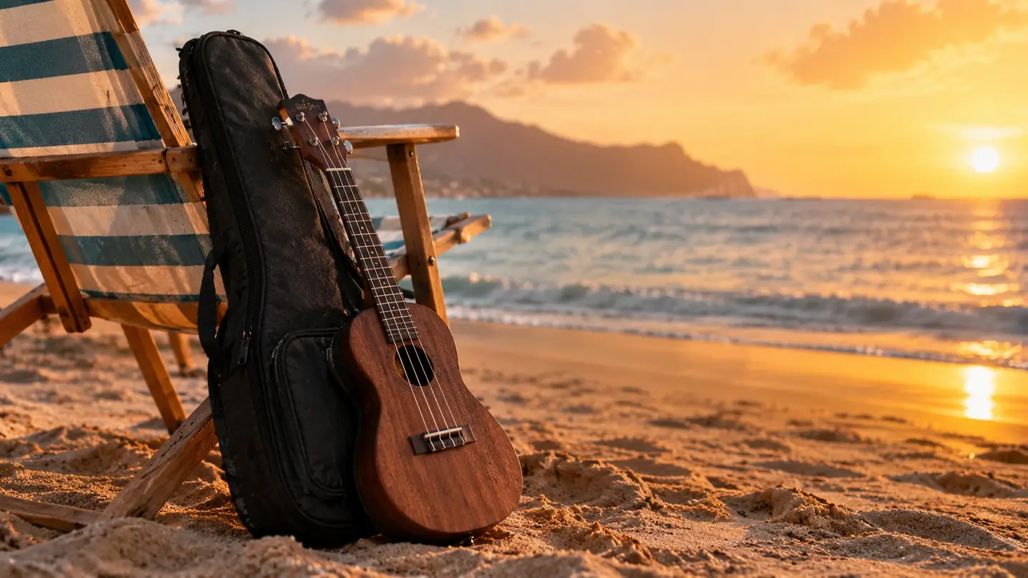 A ukulele leaning against a beach chair on a Hawaiian beach at golden hour