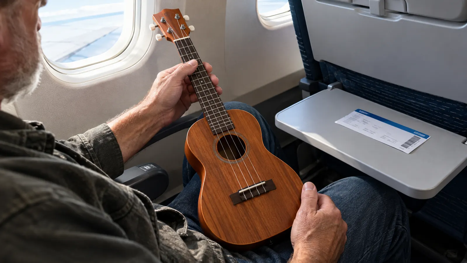 A hand holding a concert ukulele by the neck while the body rests on an airplane seat, with a boarding pass on the tray table nearby