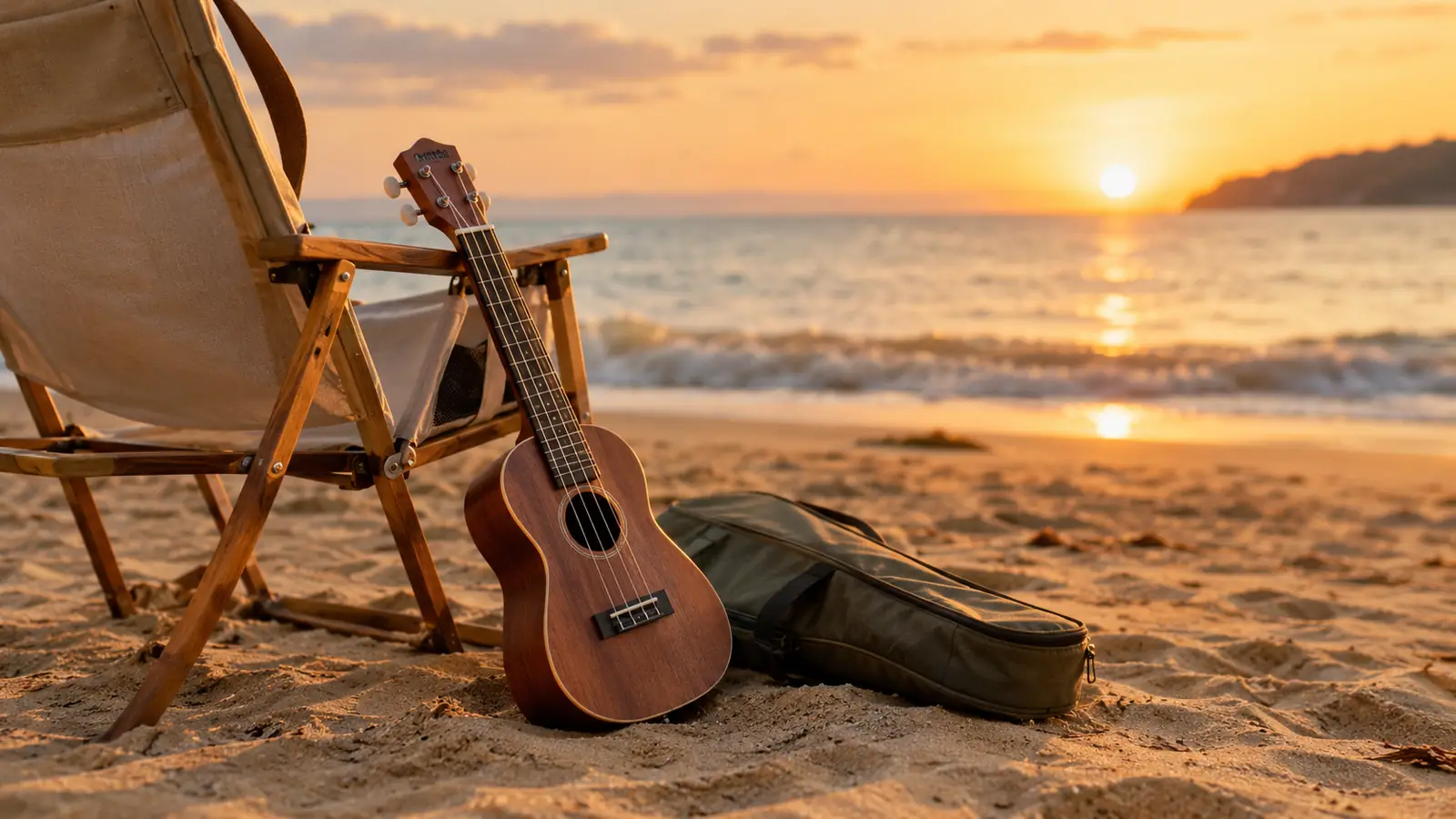 A concert ukulele leaning against a camp chair on a beach at golden hour, with a soft gig bag on the sand