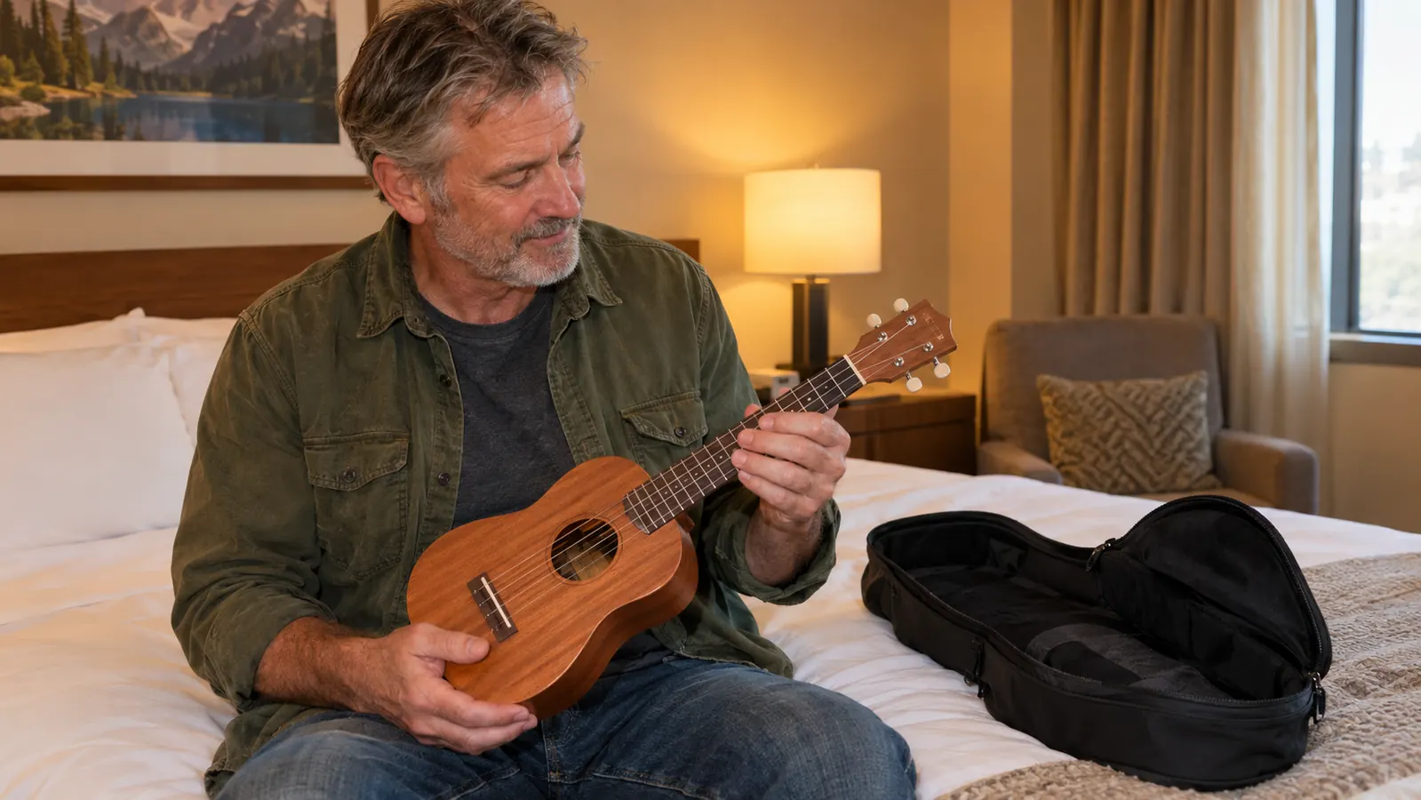 A man in his fifties holding a ukulele in a hotel room, instrument in a gig bag on the bed beside him