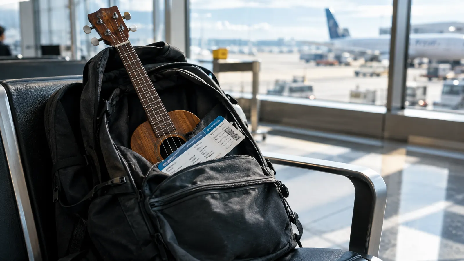 A ukulele in a carry-on backpack at an airport gate, boarding pass on top
