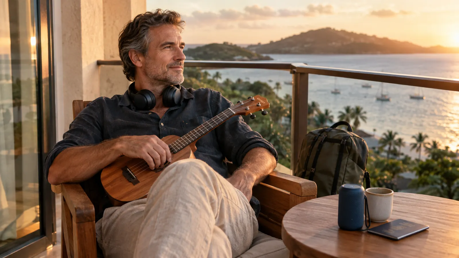 A man in his fifties sitting on a hotel balcony at sunset with over-ear headphones around his neck, a small ukulele and a portable speaker on the table beside him