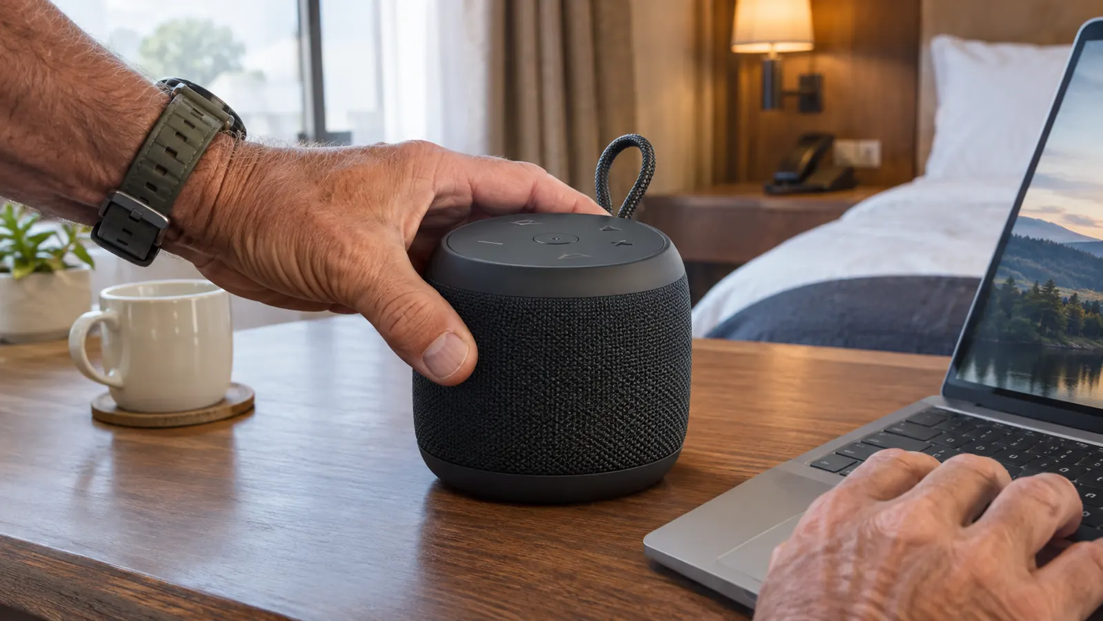 A hand placing a portable Bluetooth speaker on a hotel desk near a laptop