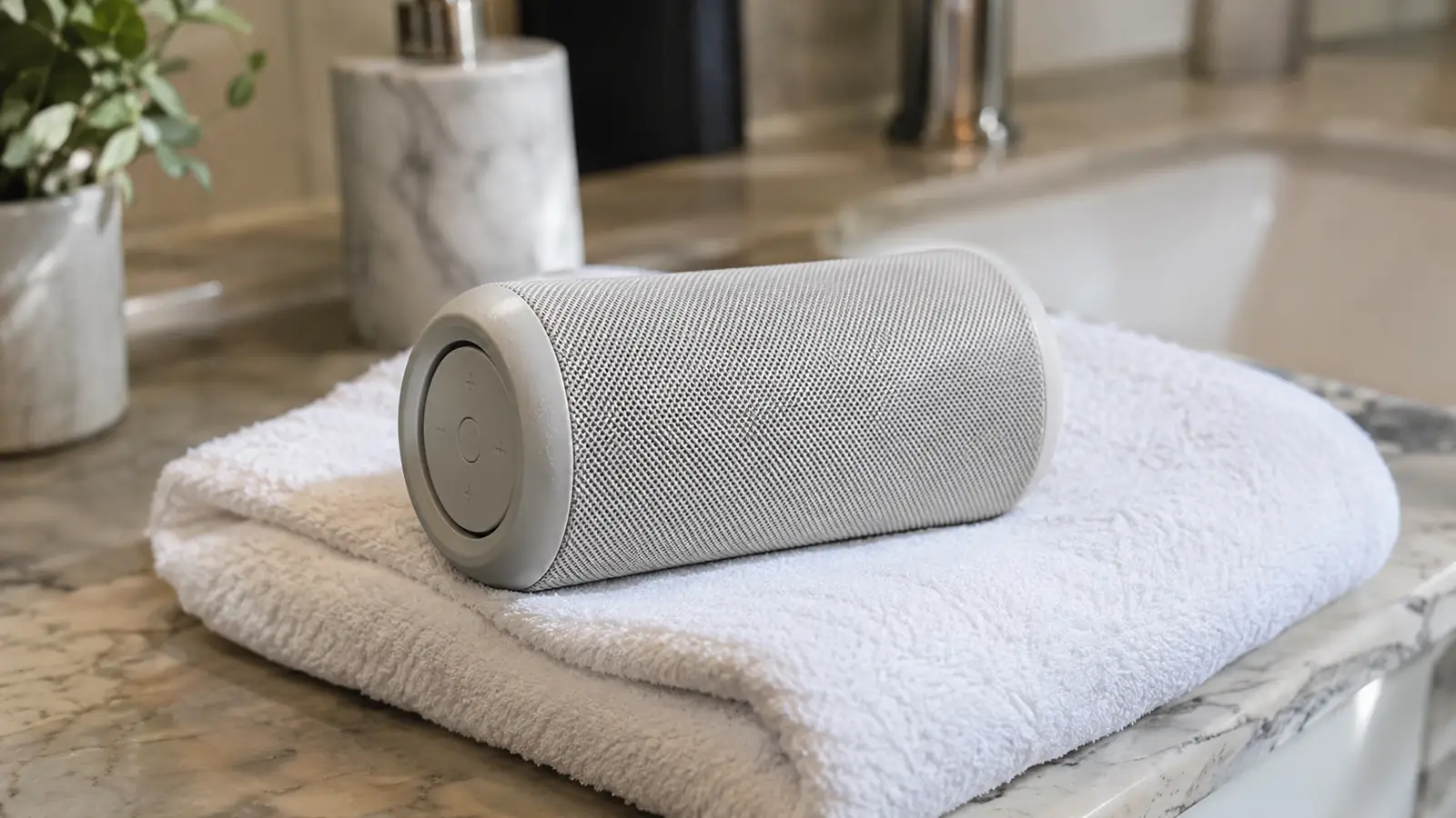 A portable Bluetooth speaker on a bath towel on a hotel counter