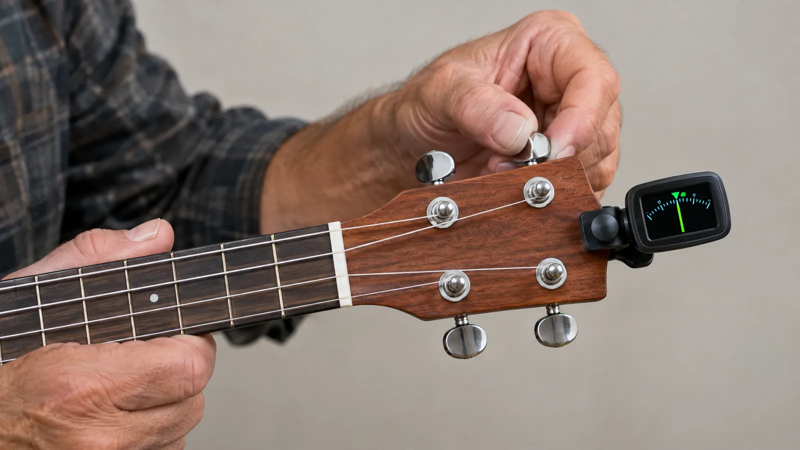 A hand holding a ukulele neck while turning a tuning peg, with a clip-on tuner attached to the headstock