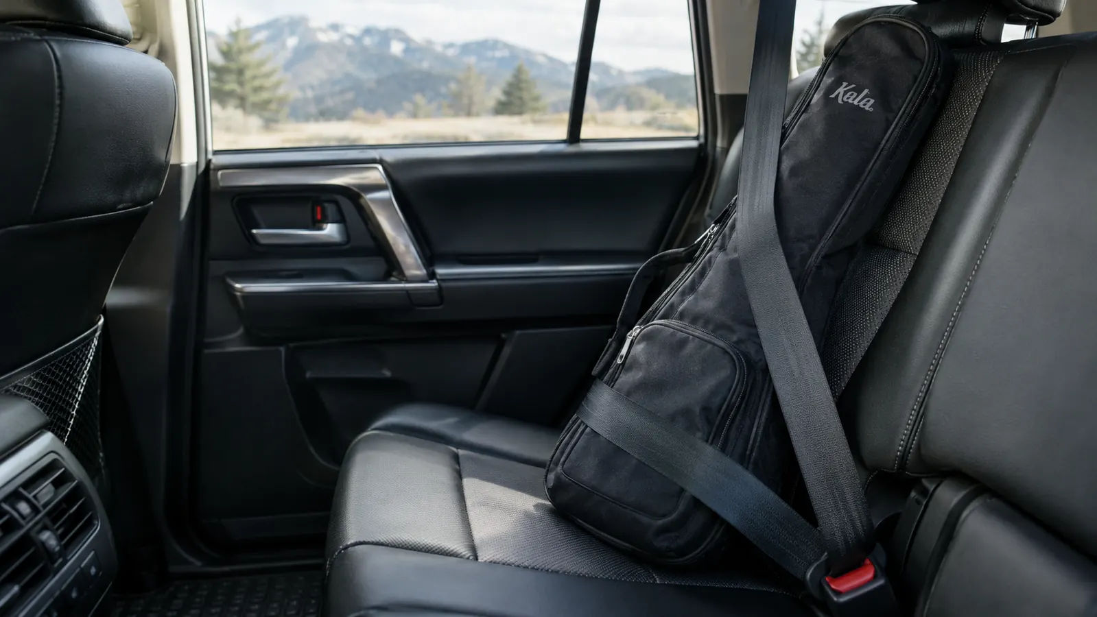 A ukulele resting in a padded gig bag on a car seat, with a seatbelt holding it in place