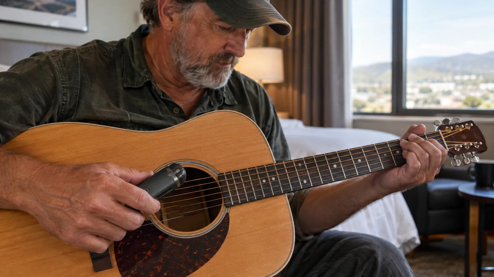 A hand holding a small portable audio recorder near an acoustic guitar soundhole in a hotel room