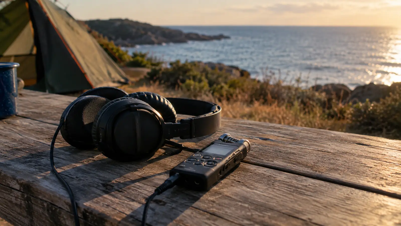 A portable audio recorder and a pair of headphones on a picnic table beside a beach campsite