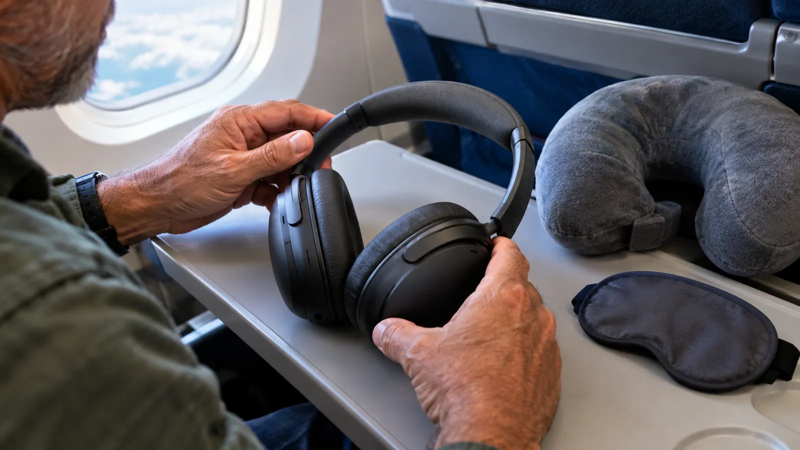 A hand placing over-ear headphones on a tray table next to a neck pillow and a small sleep mask