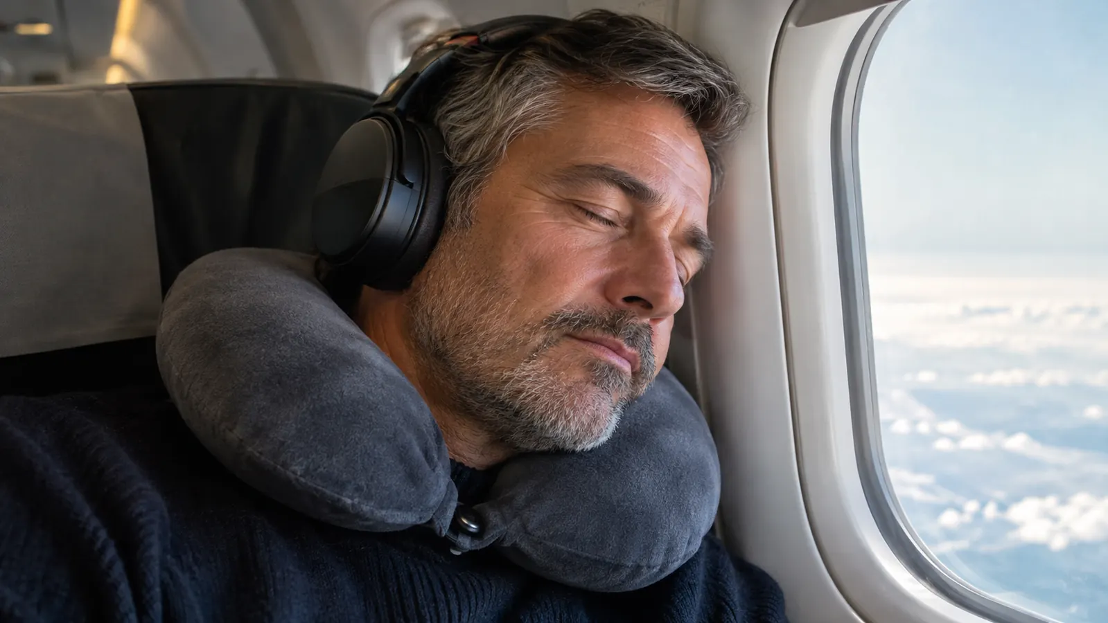 A man in his fifties leaning his head against a window with a neck pillow, wearing over-ear headphones, eyes closed