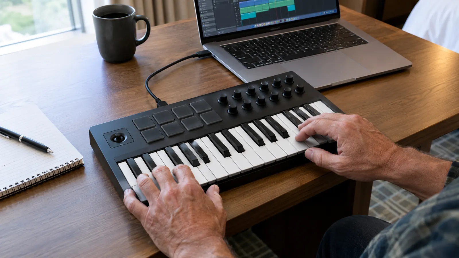 A compact 25-key MIDI keyboard connected by USB-C to a laptop on a hotel desk, with a notebook beside it