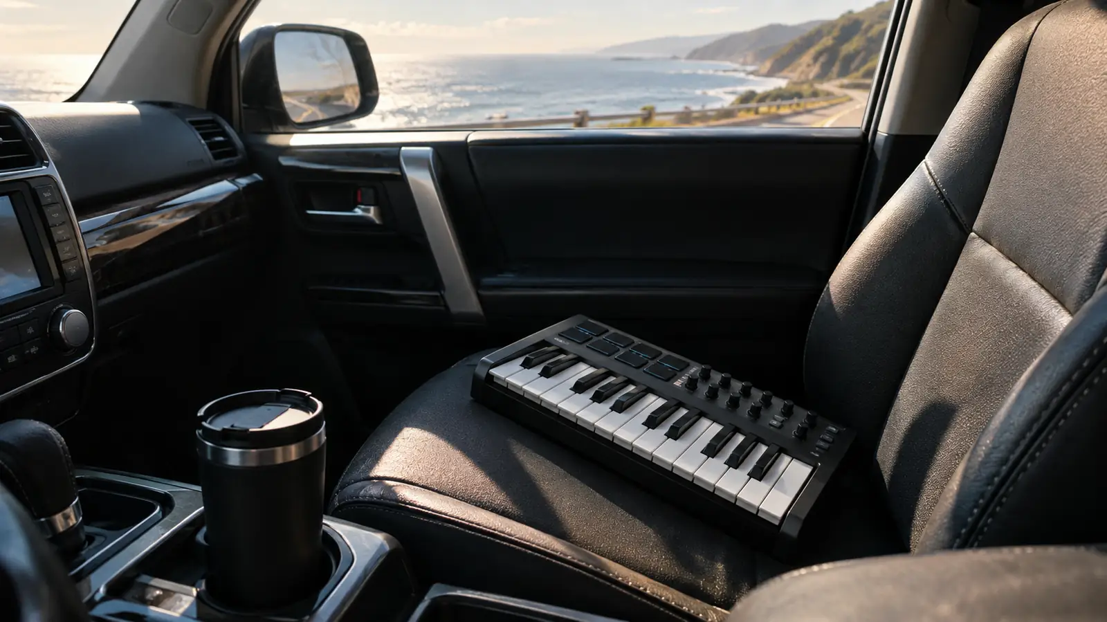 A small MIDI keyboard resting on the passenger seat of a car next to a travel mug