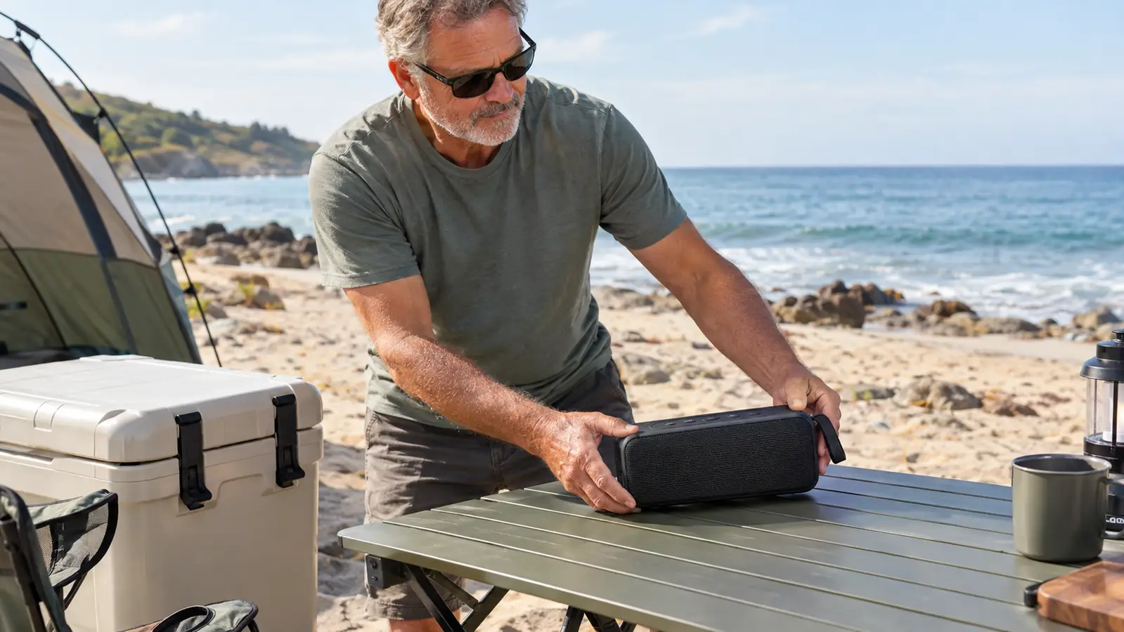 A man in his fifties placing a portable speaker on a camp table next to a cooler at a beach campsite
