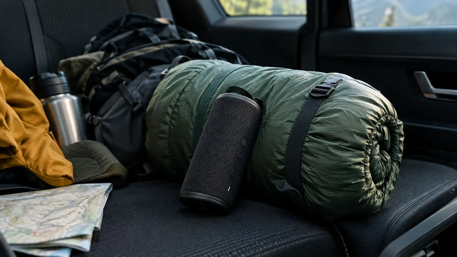 A portable speaker leaning against a rolled sleeping bag on the back seat of an SUV, packed for a road trip