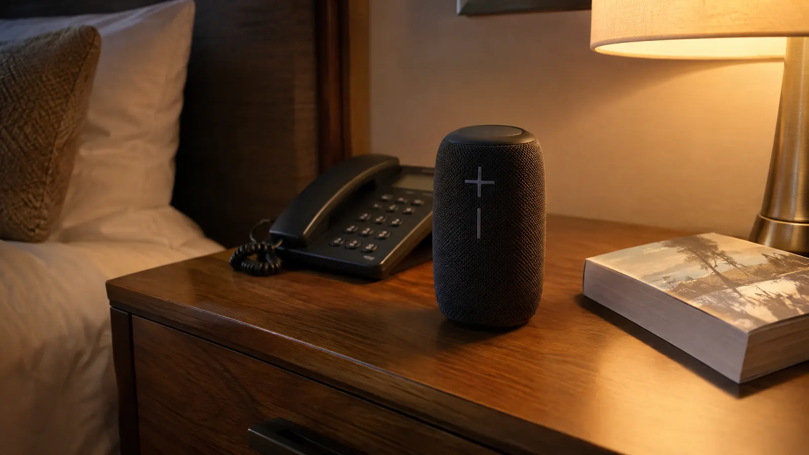A portable Bluetooth speaker standing upright on a hotel nightstand next to a phone and a book