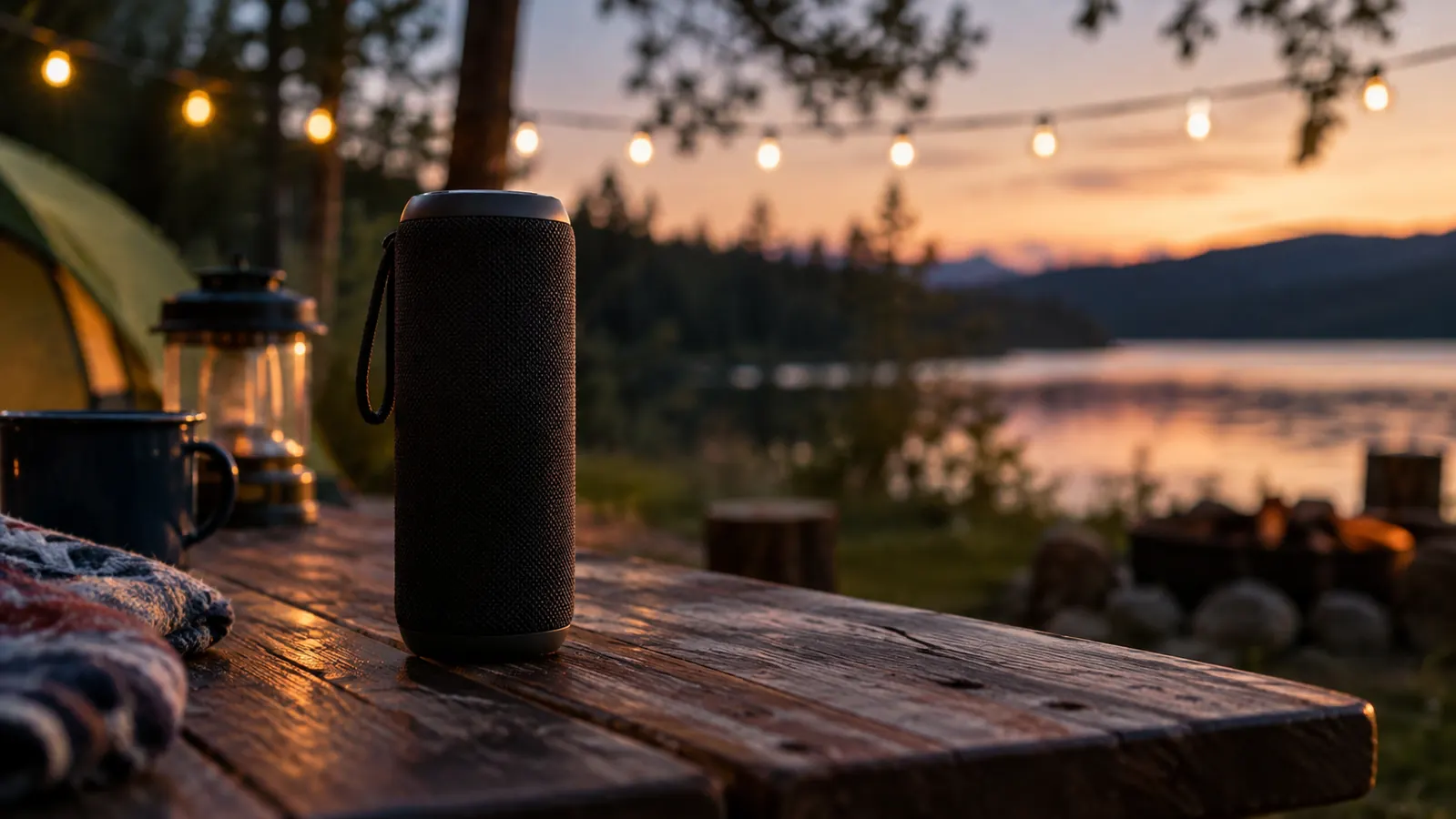 A portable speaker standing upright on a picnic table at a campsite in the evening