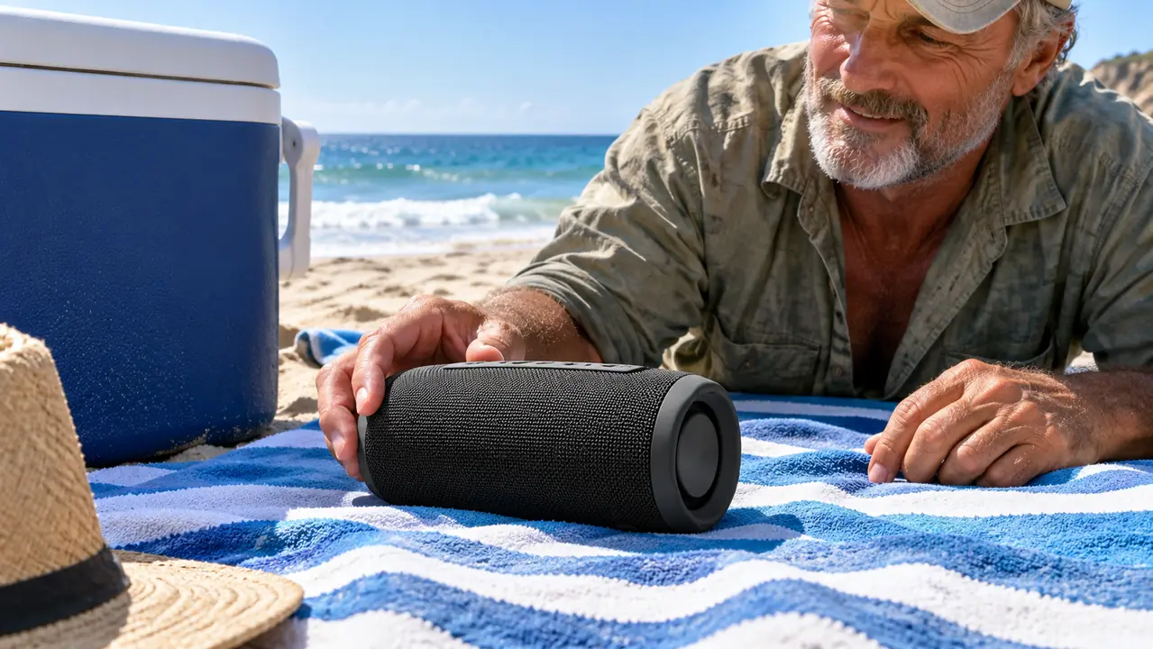 A portable speaker sitting on a beach towel next to a cooler
