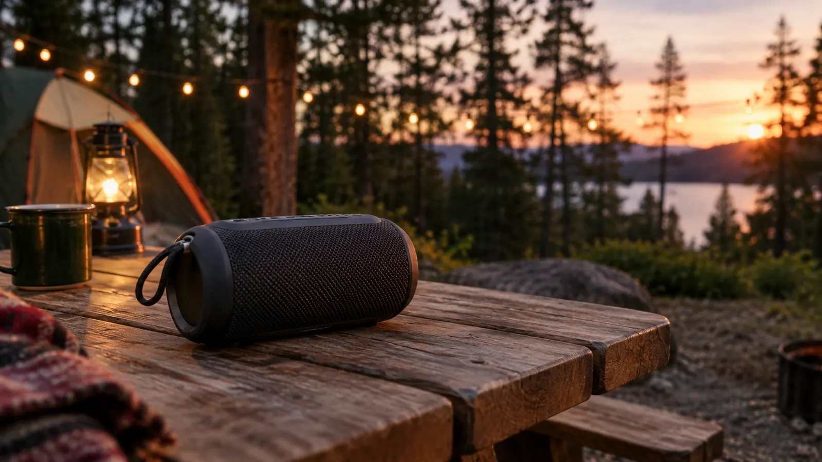 A portable speaker on a picnic table at a campsite in the evening