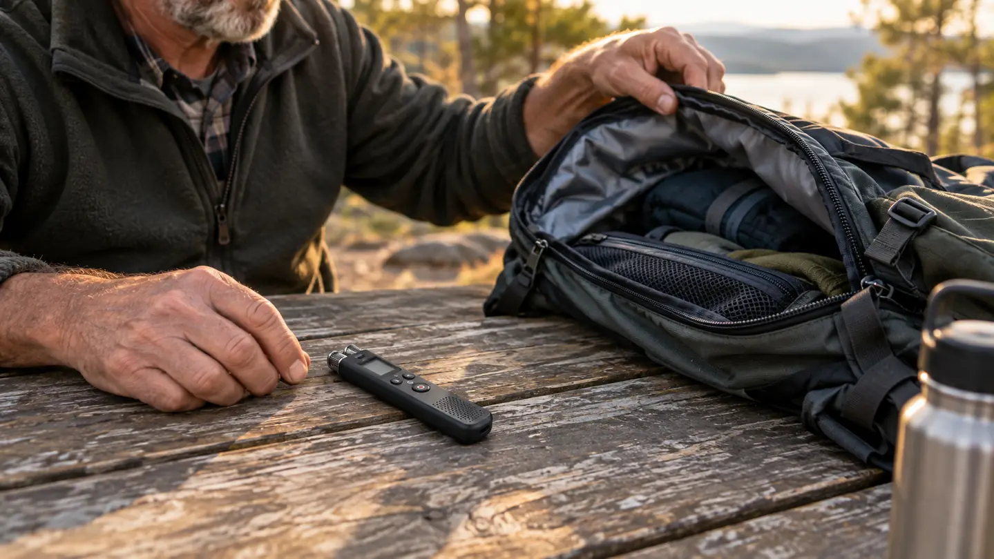 A small handheld recorder with two built-in microphones sits on a wooden picnic table beside a travel backpack