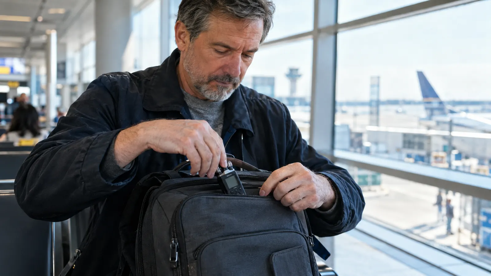 A man in his fifties packs a small handheld recorder into the front pocket of a carry-on backpack in an airport terminal