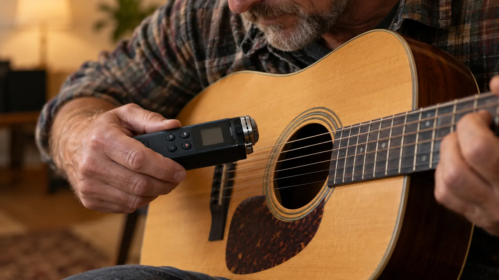 A hand holding a small handheld recorder close to an acoustic guitar soundhole